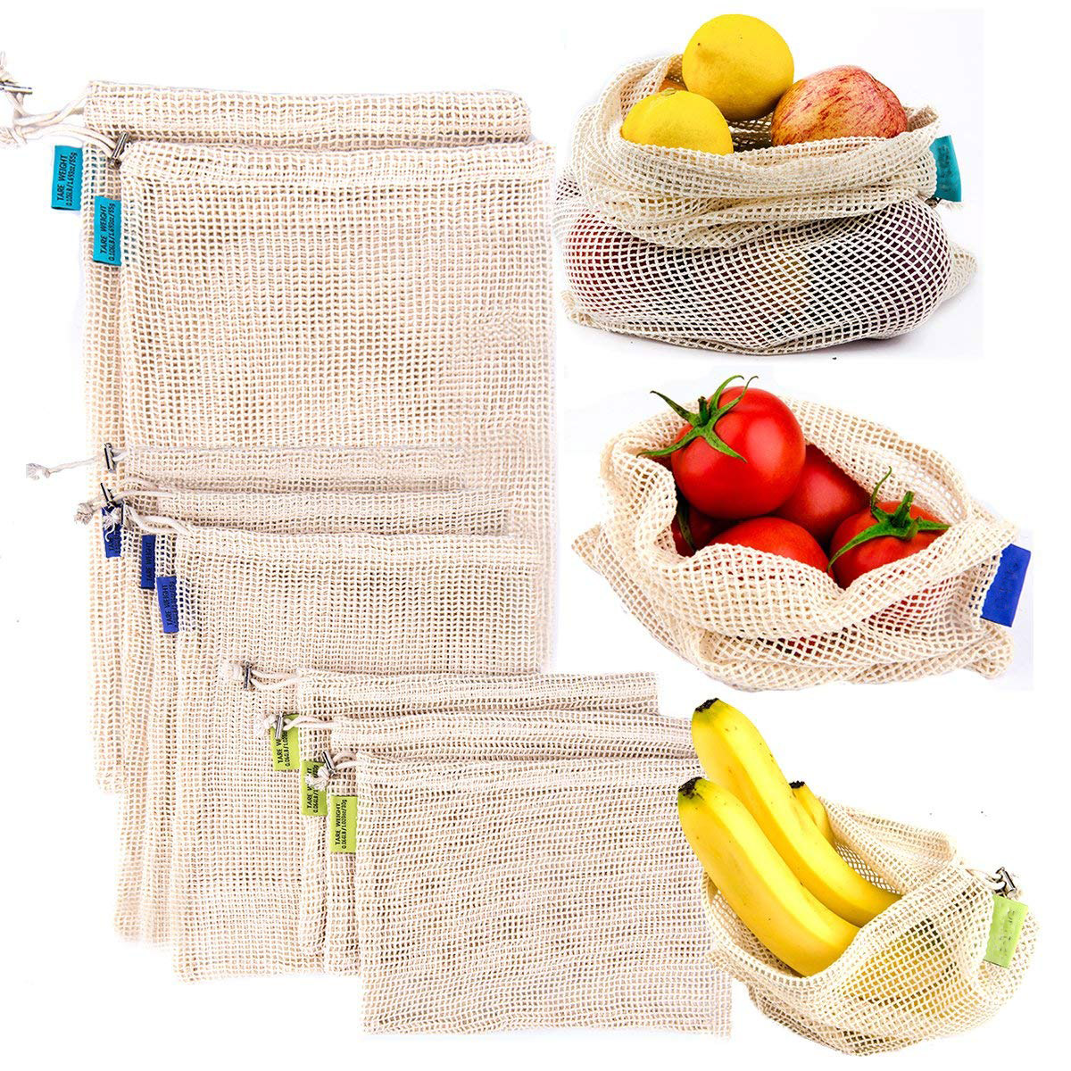 Reusable Produce Mesh Bags,Natural Cotton Eco-Friendly Net Bags with Double-Stitched Seams for Grocery Shopping Storage of Fruit Vegetable Garden Produce (3 size: Small - Medium - Large) 